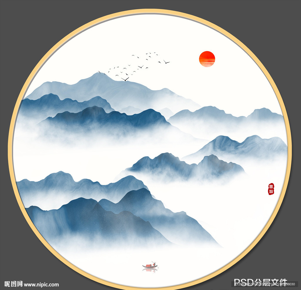 圆形山水画禅意山水意境山水