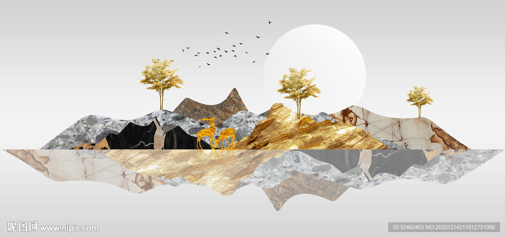 轻奢发财树山水装饰画