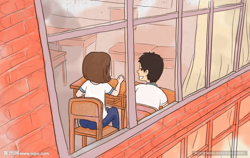 手绘教室中男女同学对视插画