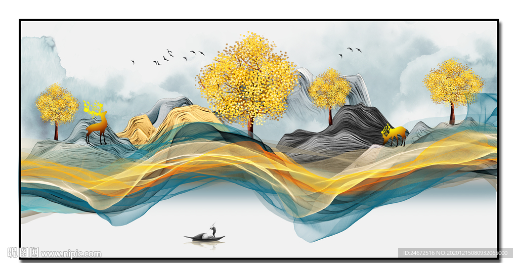麋鹿 山水 线条 抽象装饰画