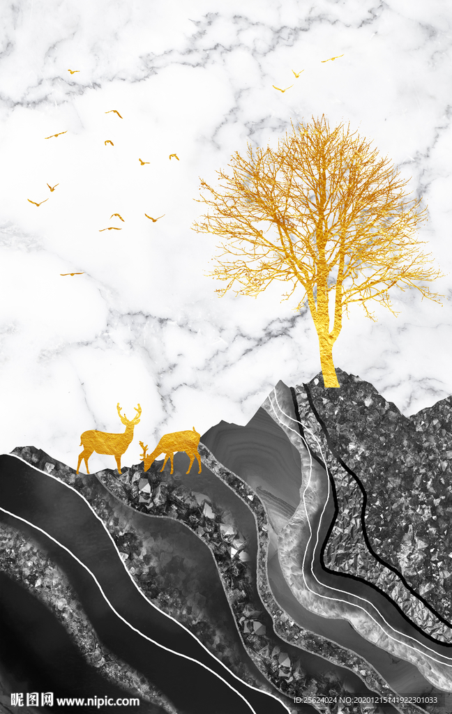 北欧大理石纹底 麋鹿发财树