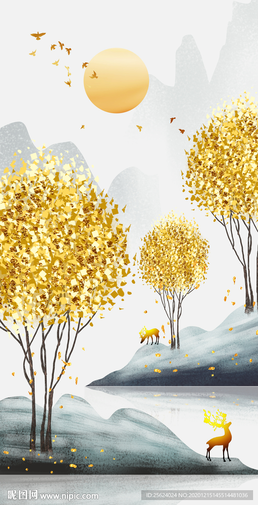 手绘抽象风景山水金色发财树高清