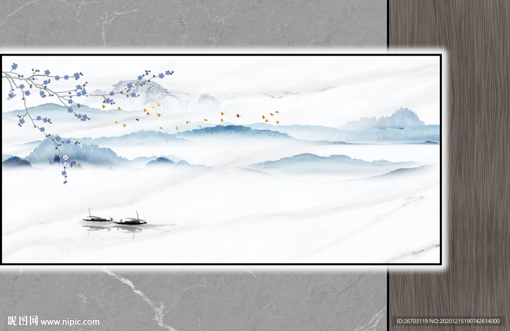 新款爆款山水木纹悬空电视背景墙