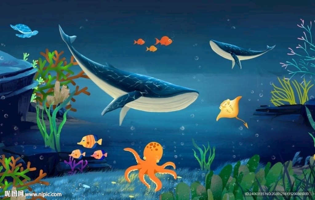 卡通可爱海洋世界鲸鱼童房间壁画