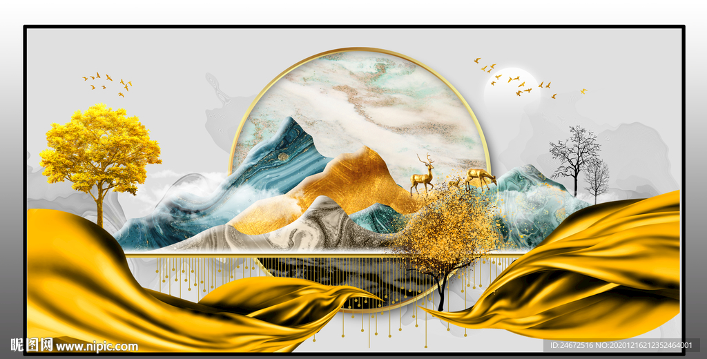 麋鹿山水晶瓷画