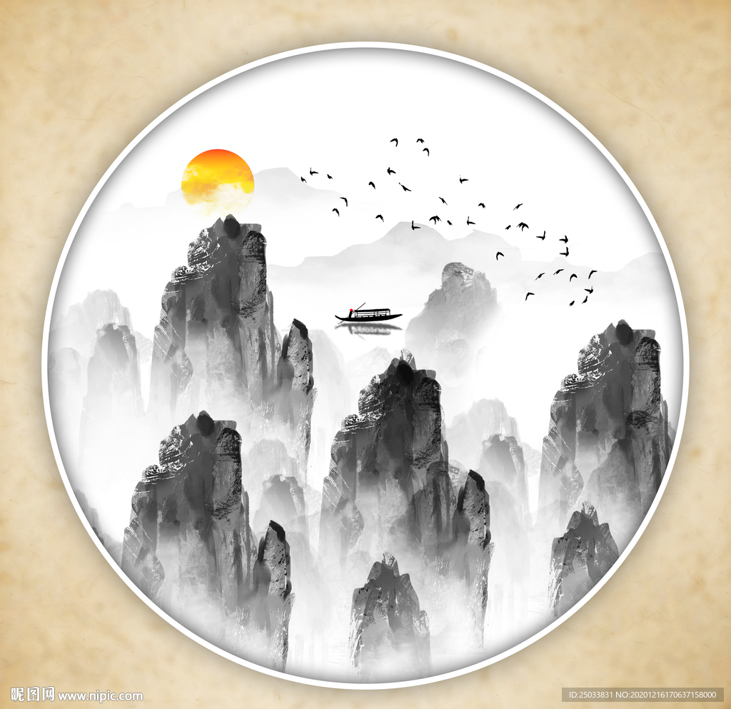 圆形山水画禅意山水意境山水