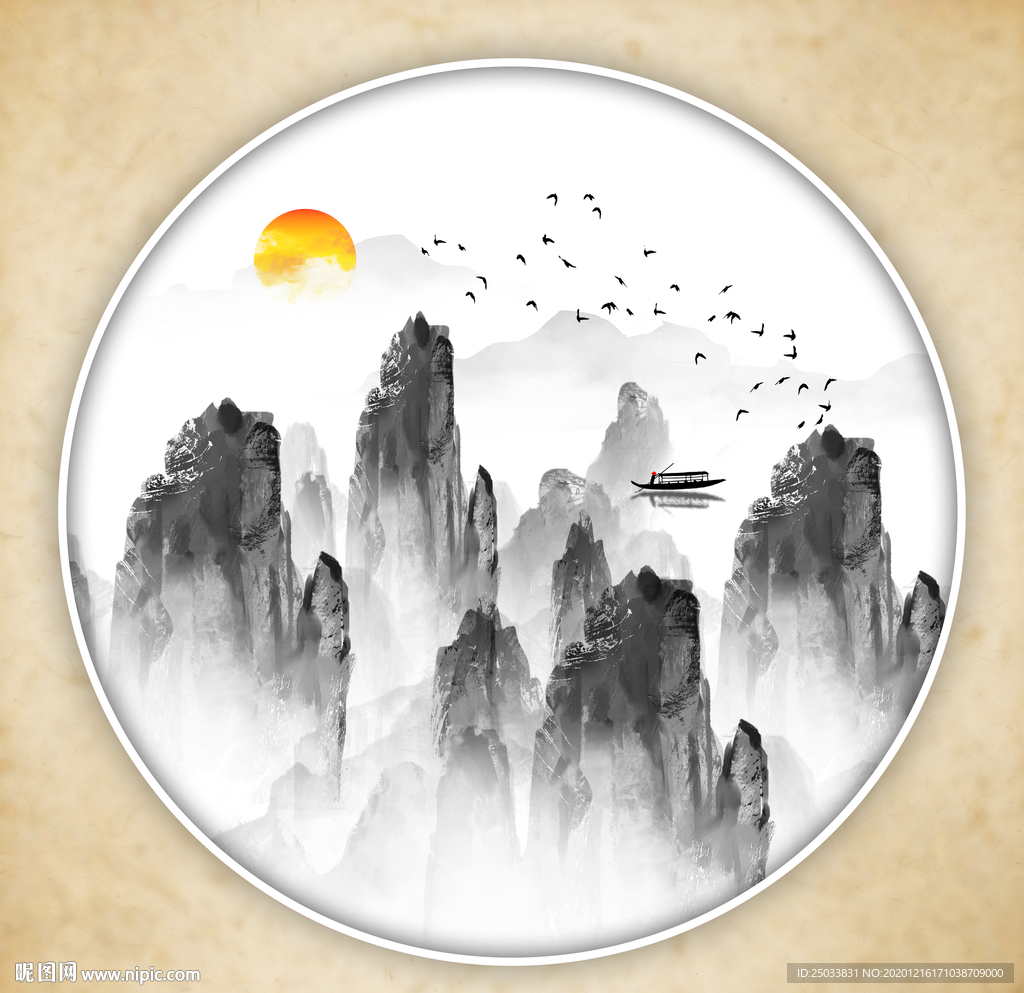 圆形山水画禅意山水意境山水