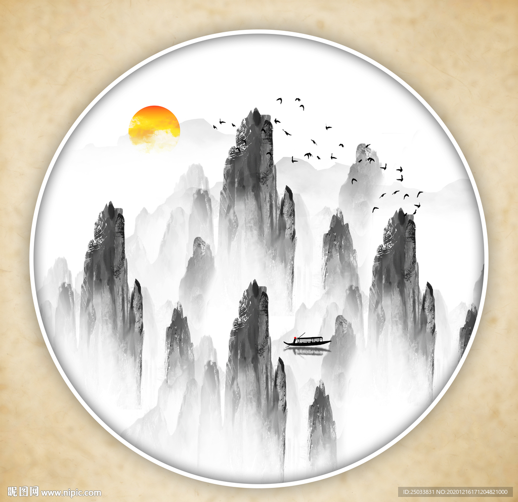 圆形山水画禅意山水意境山水