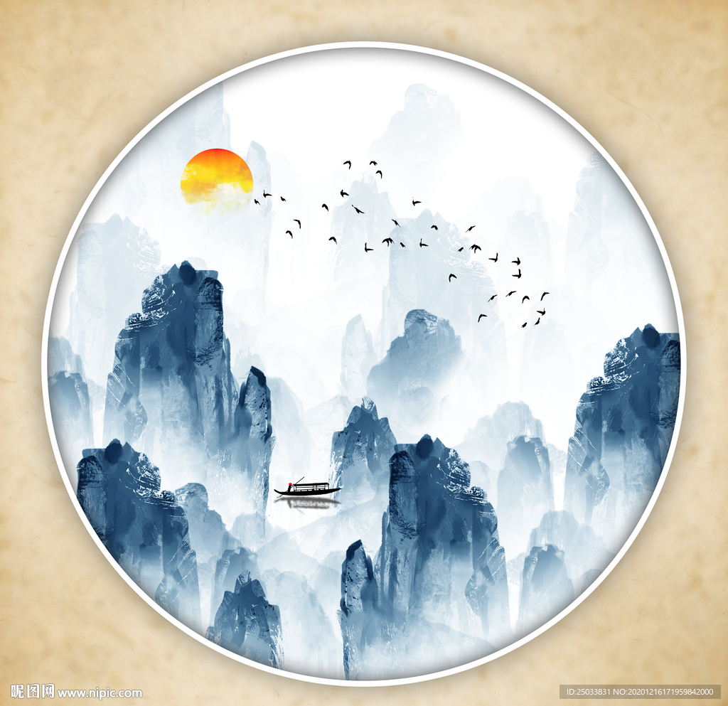 圆形山水画禅意山水意境山水