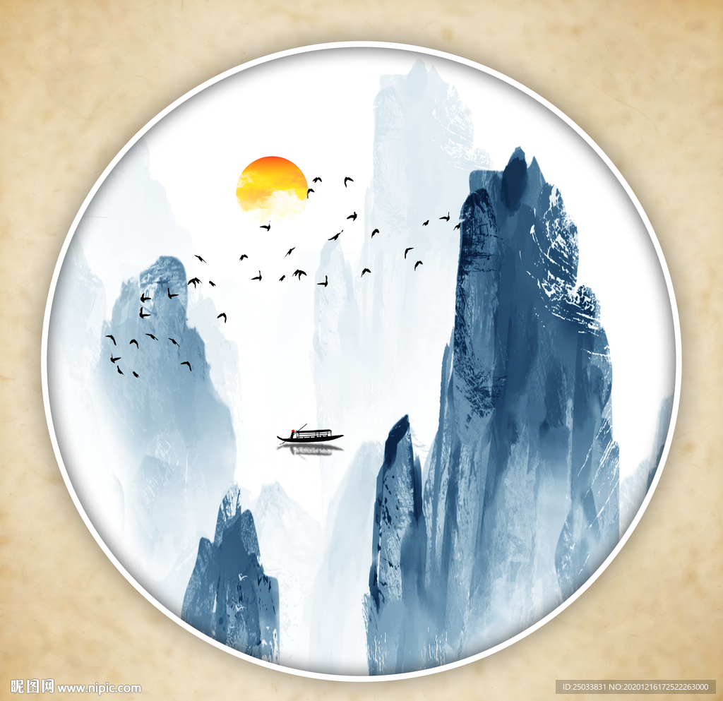 圆形山水画禅意山水意境山水