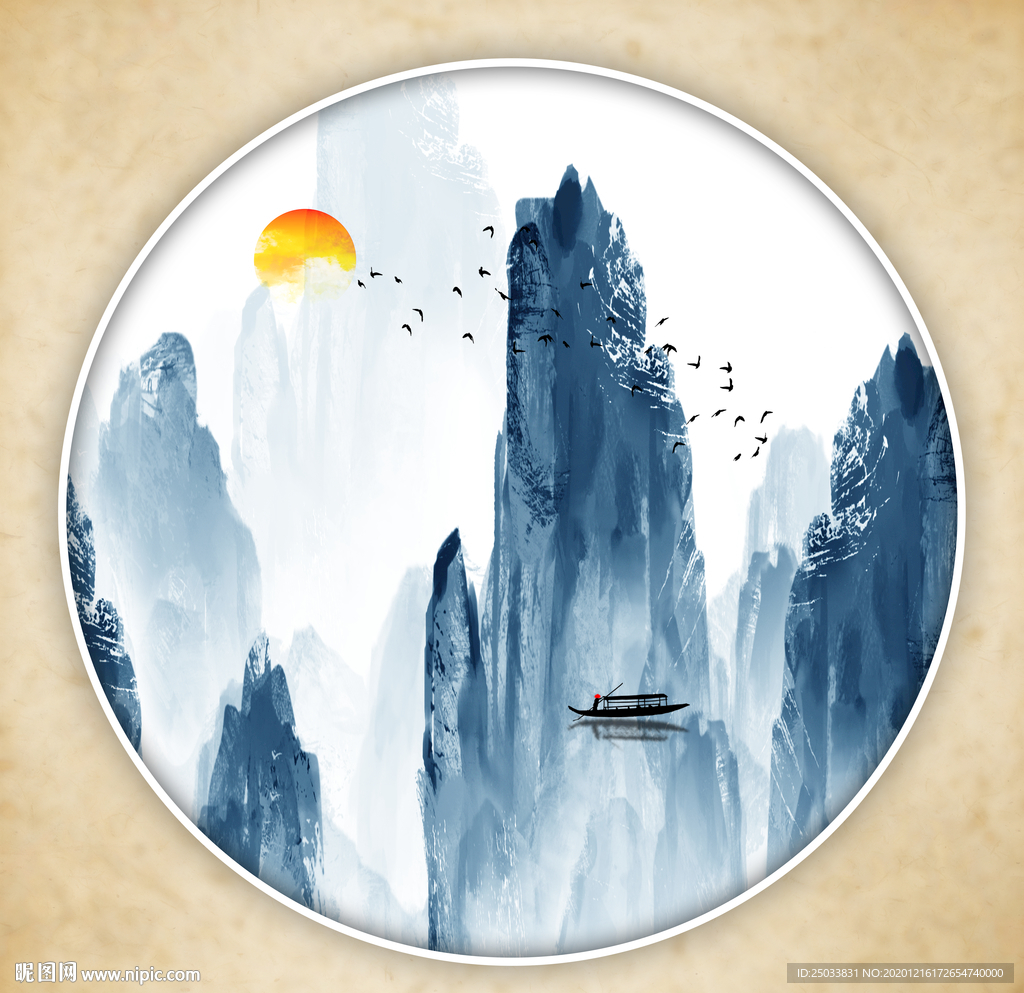 圆形山水画禅意山水意境山水