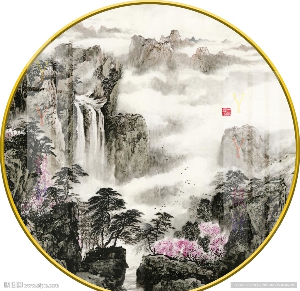 新中式意境山水圆形装饰画图片