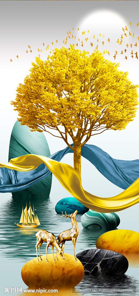 石来运转麋鹿抽象玄关装饰画