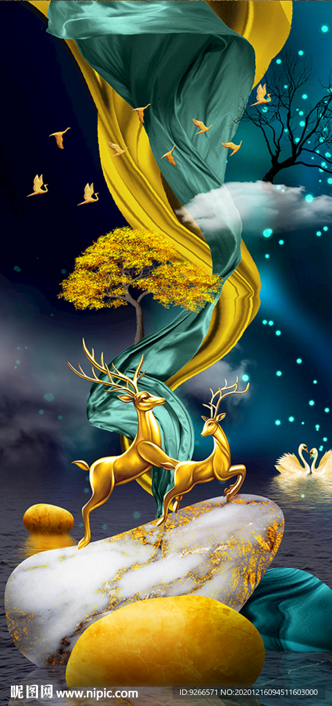 石来运转麋鹿抽象玄关装饰画