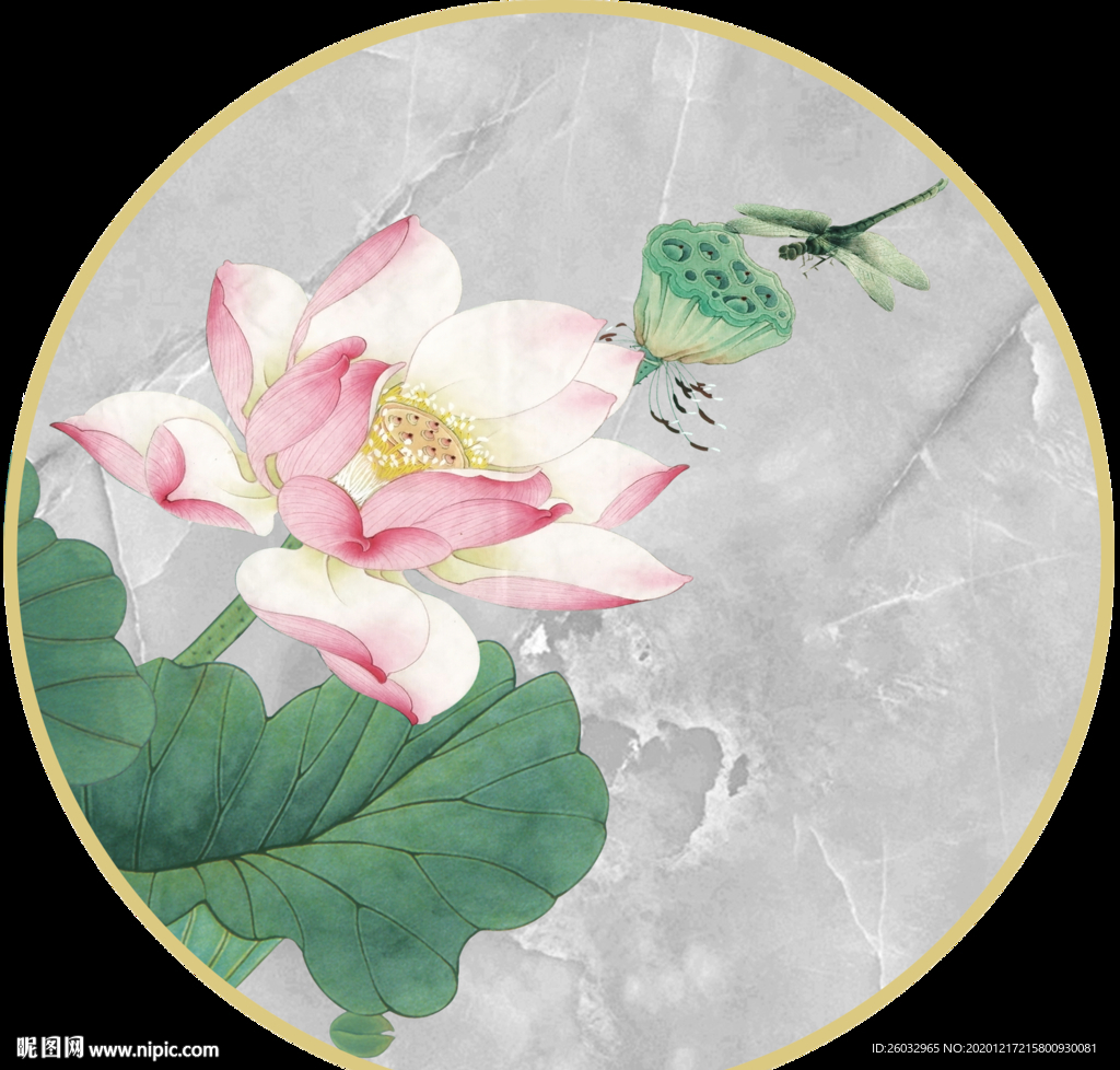 中式爱莲说圆框装饰画
