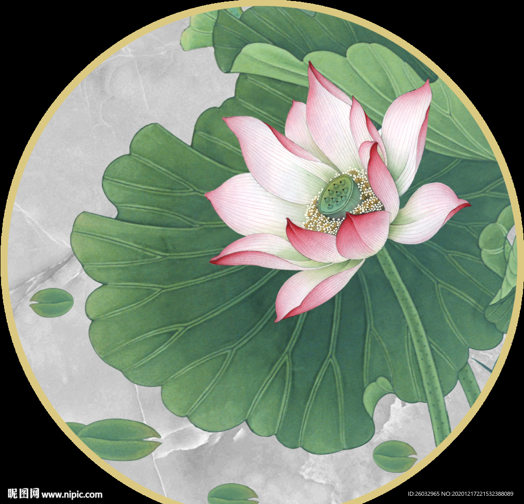 新中式圆框花卉荷花手绘禅意装饰