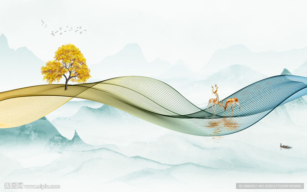 高清 新轻奢山水画 tif分层