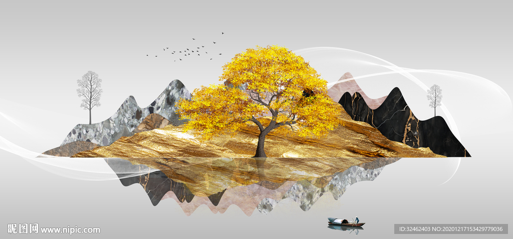 抽象山水发财树装饰画