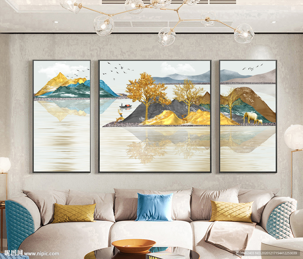 轻奢发财树山水装饰画