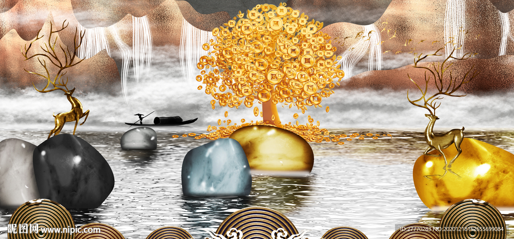 石来运转发财树装饰画