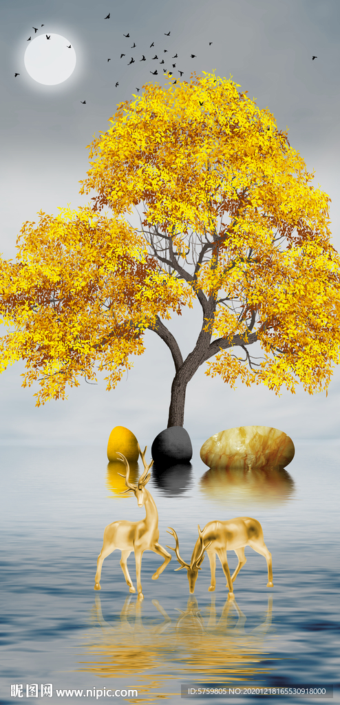 新中式麋鹿金色山水单联背景墙装