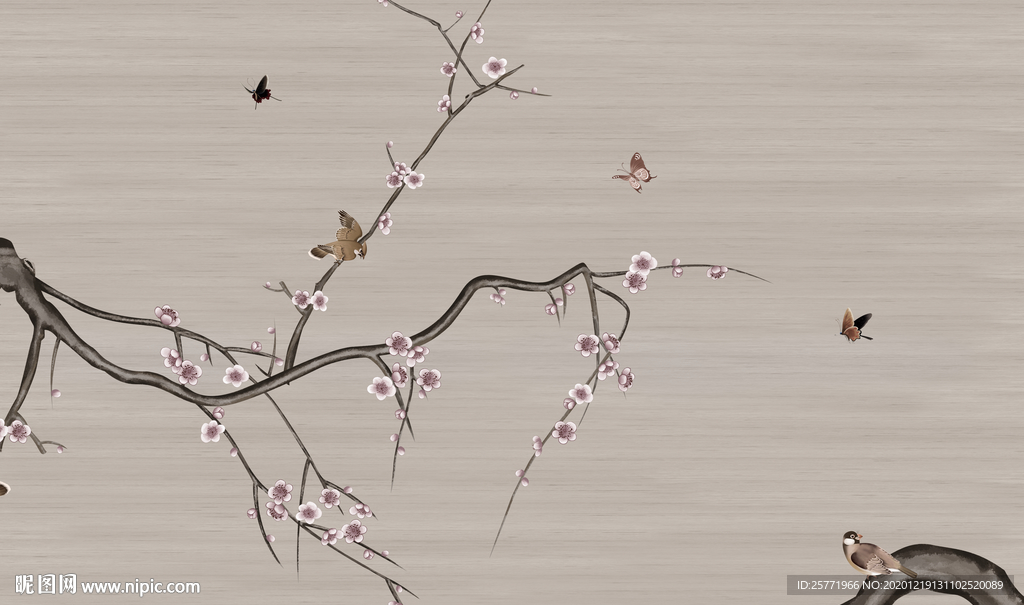 工笔花鸟背景墙新中式花鸟壁纸