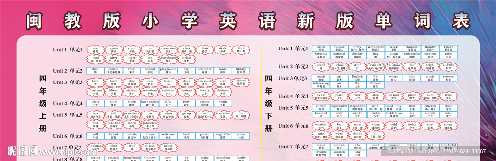 闽教版新版单词表四年级上下册
