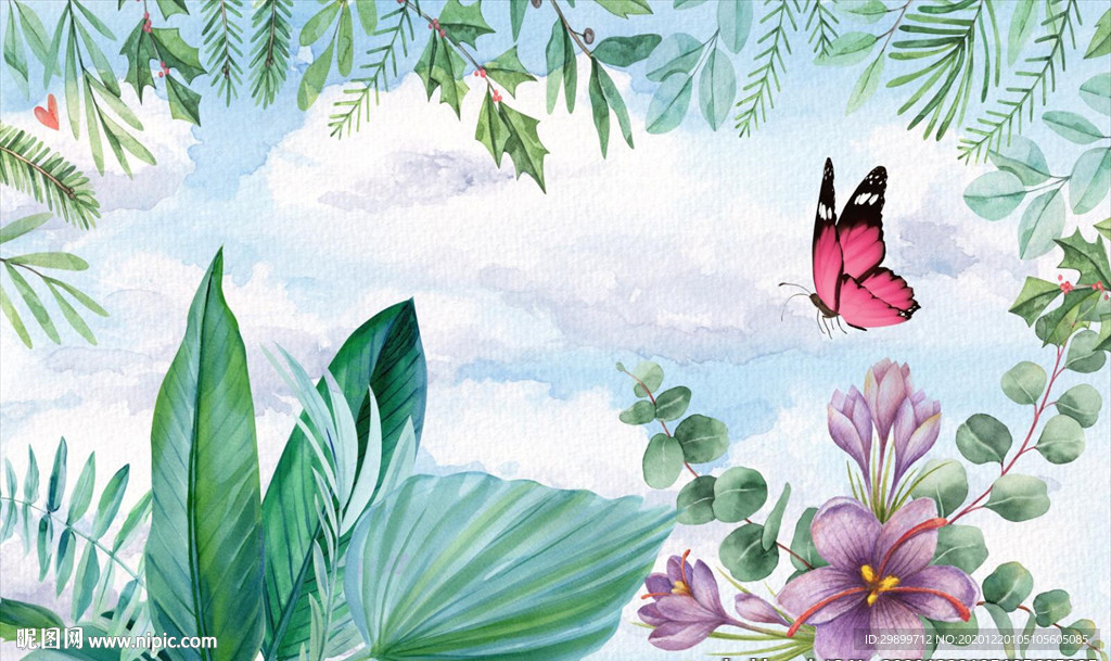 热带植物叶子蝴蝶背景墙