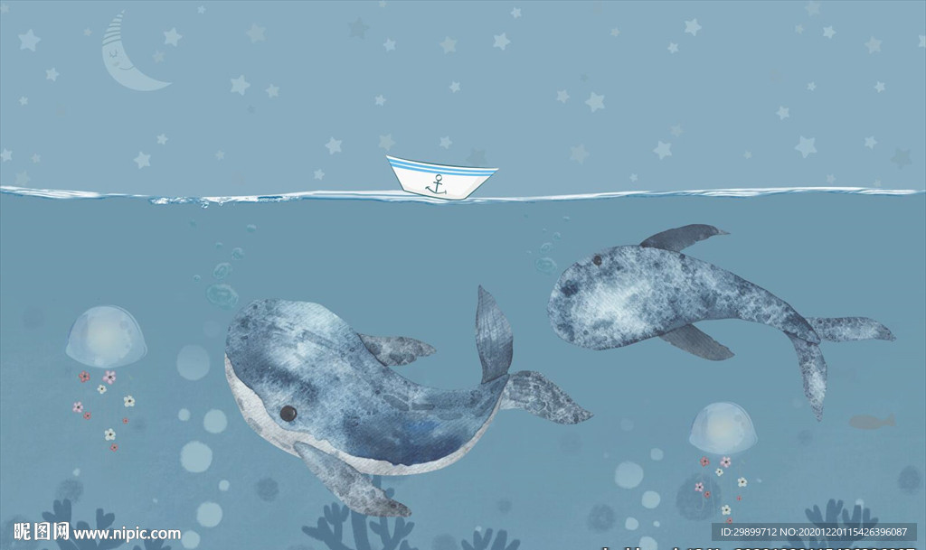 海豚海洋星空卡通背景墙