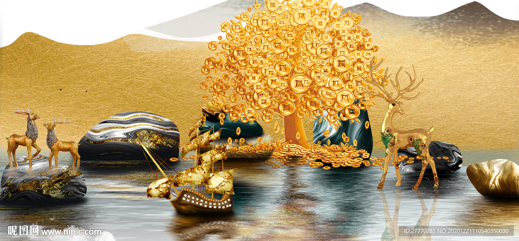 石来运转发财树装饰画