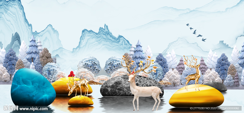 麋鹿发财树石来运转装饰画