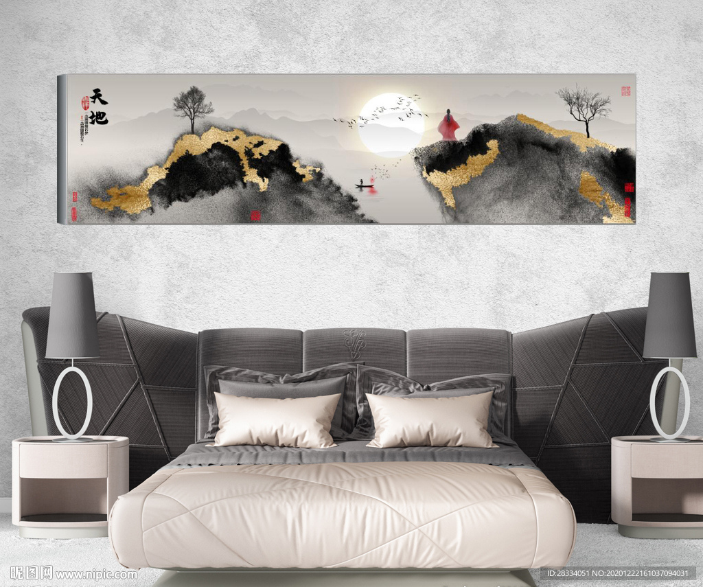 新中式抽象水墨禅意风景床头画
