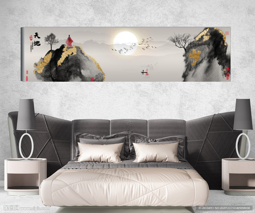 新中式抽象水墨禅意风景床头画