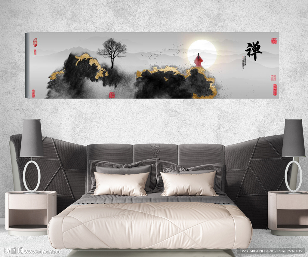 新中式抽象水墨禅意风景床头画