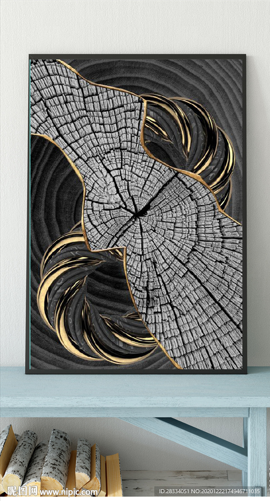 现代烁金水墨金色年轮木纹装饰画