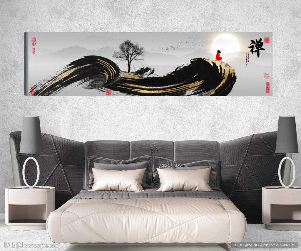 新中式抽象水墨禅意风景床头画