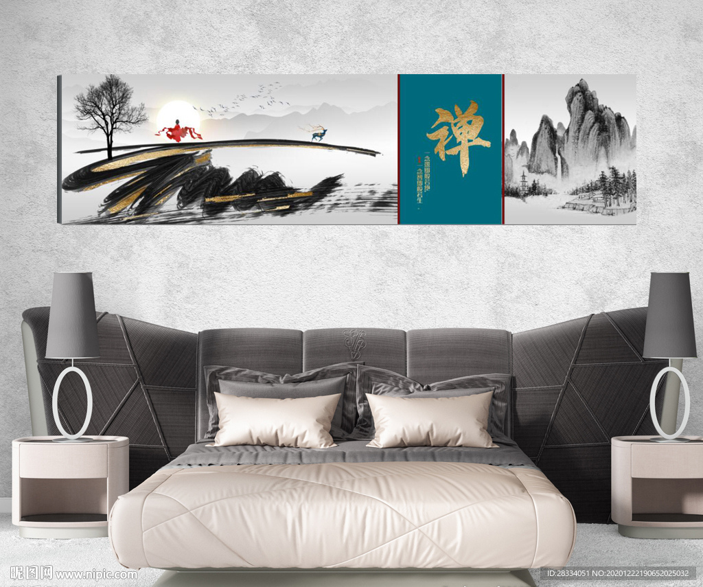 新中式金色水墨山水风景床头画