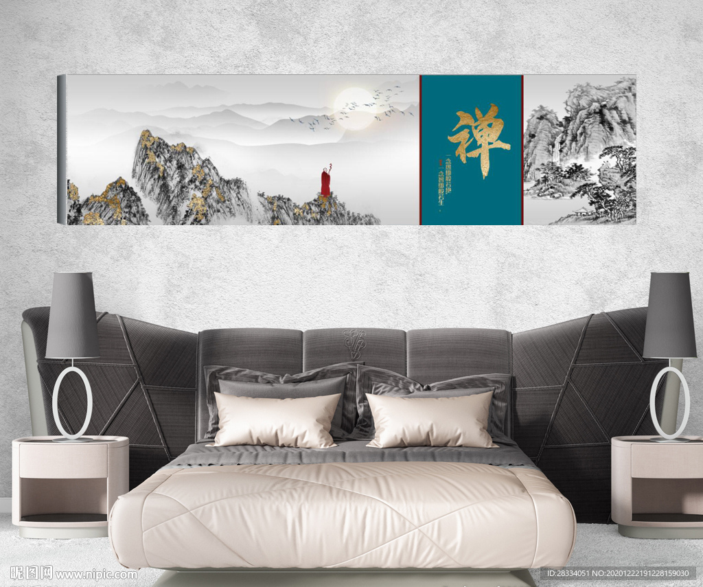 新中式金色水墨山水风景床头画