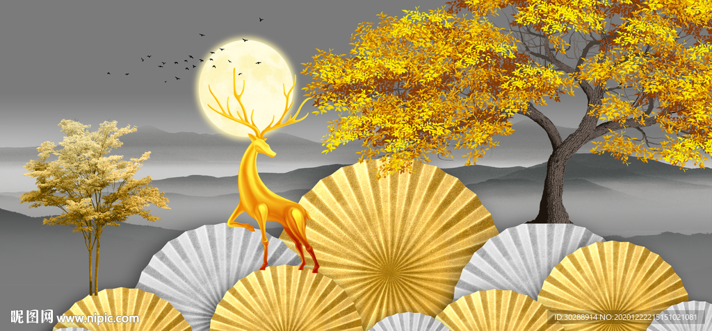 新中式抽象山水三联晶瓷画
