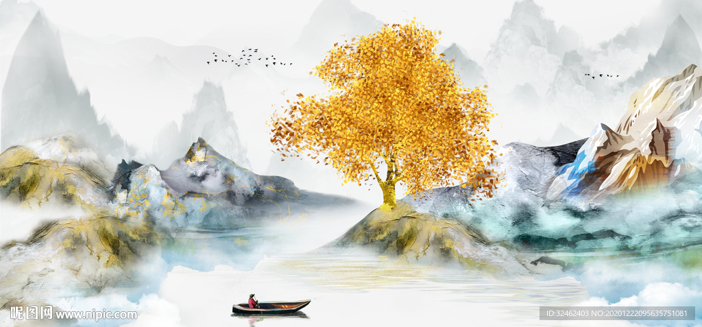轻奢发财树山水画装饰画