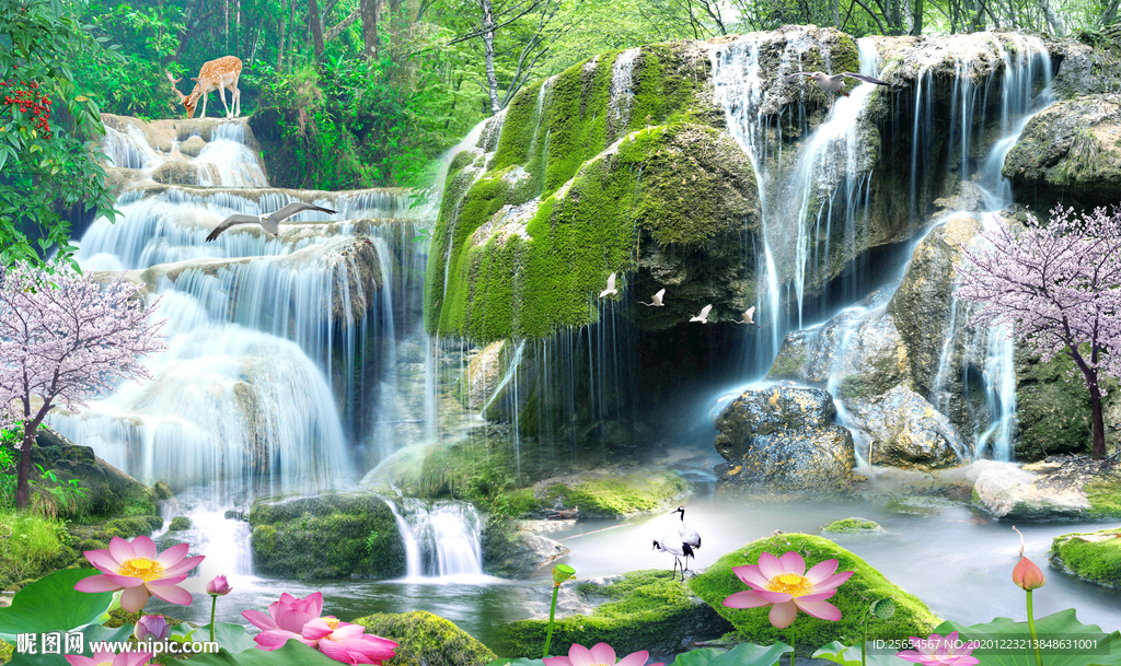 流水生财山水风景画客厅电视背景