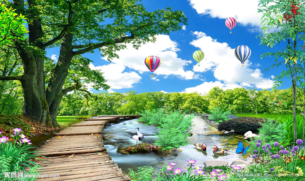 流水生财山水风景画客厅电视背景