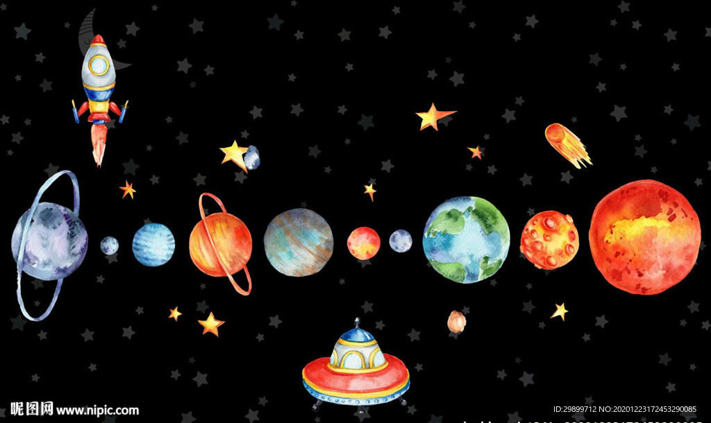 卡通宇宙星空星球儿童房背景墙