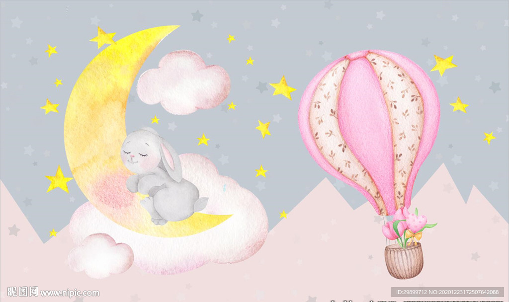 卡通热气球月亮星星背景墙