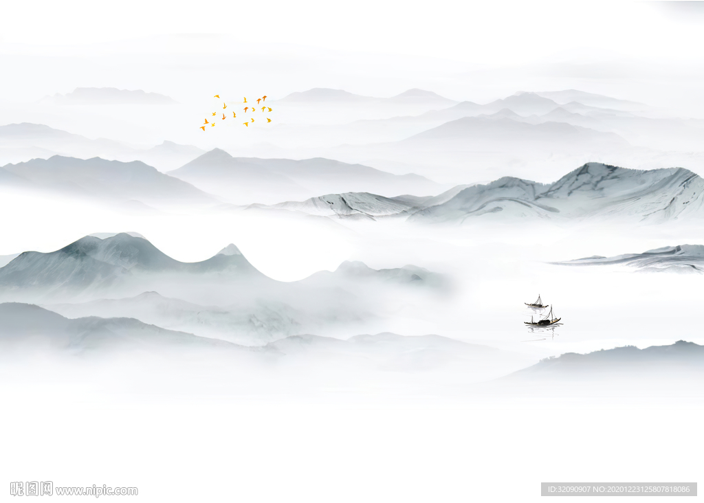 新中式蓝色山水飞鸟背景