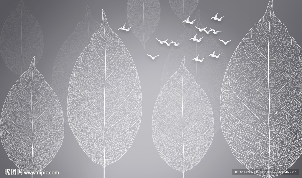 手绘叶脉飞鸟背景墙