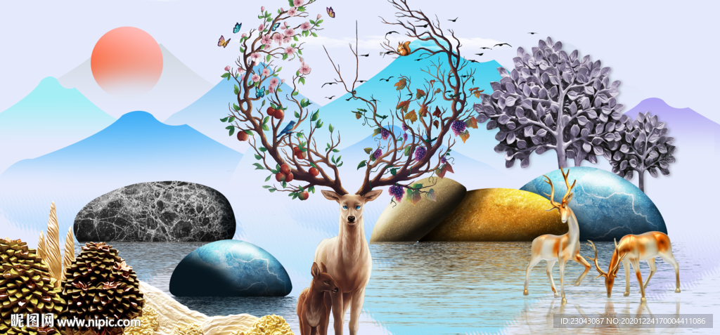 石来运转麋鹿装饰画