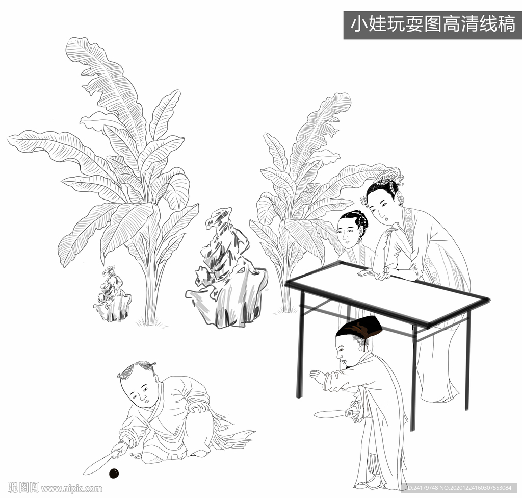 高清中国风手绘仕女古风线稿图