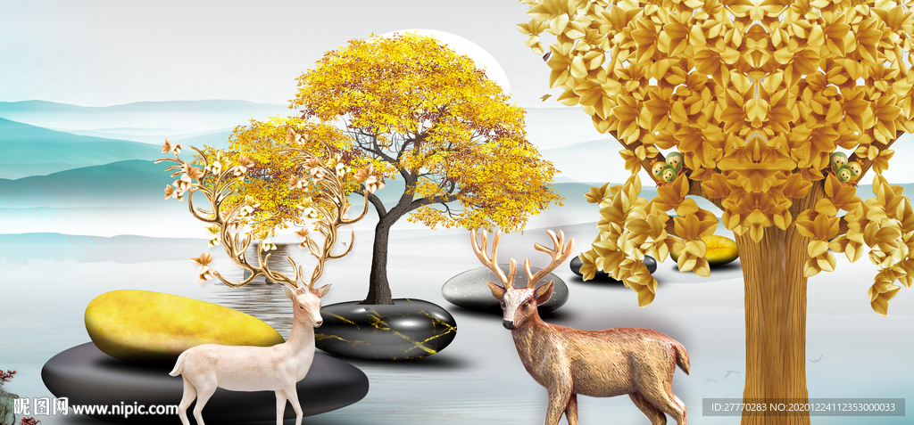 麋鹿发财树装饰画