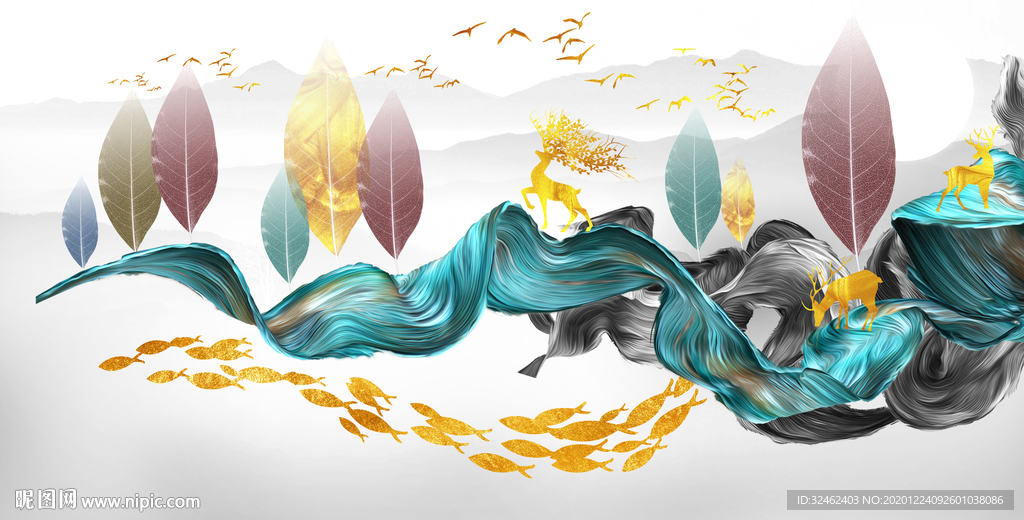 抽象线条树叶装饰画